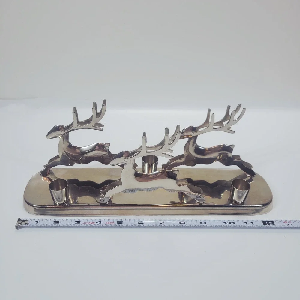 CRATE & BARREL Triple Taper Reindeer Polished Silver Candle Holder 13